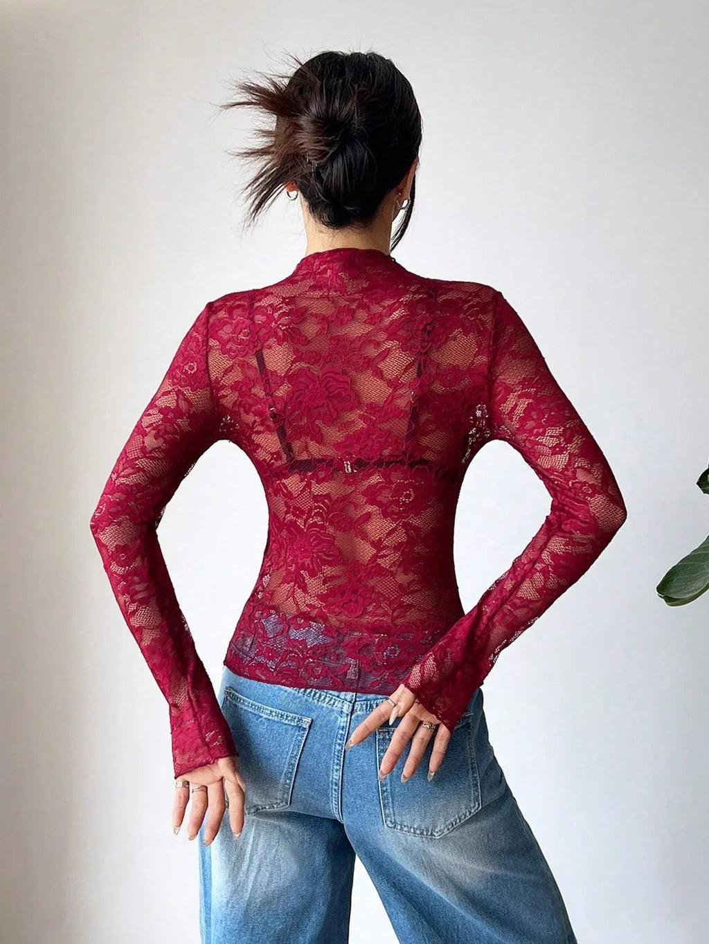 Women Blouse Cropped Fit Long Sleeve Sheer Lace Design - Evergreen Outfits - Women Blouse