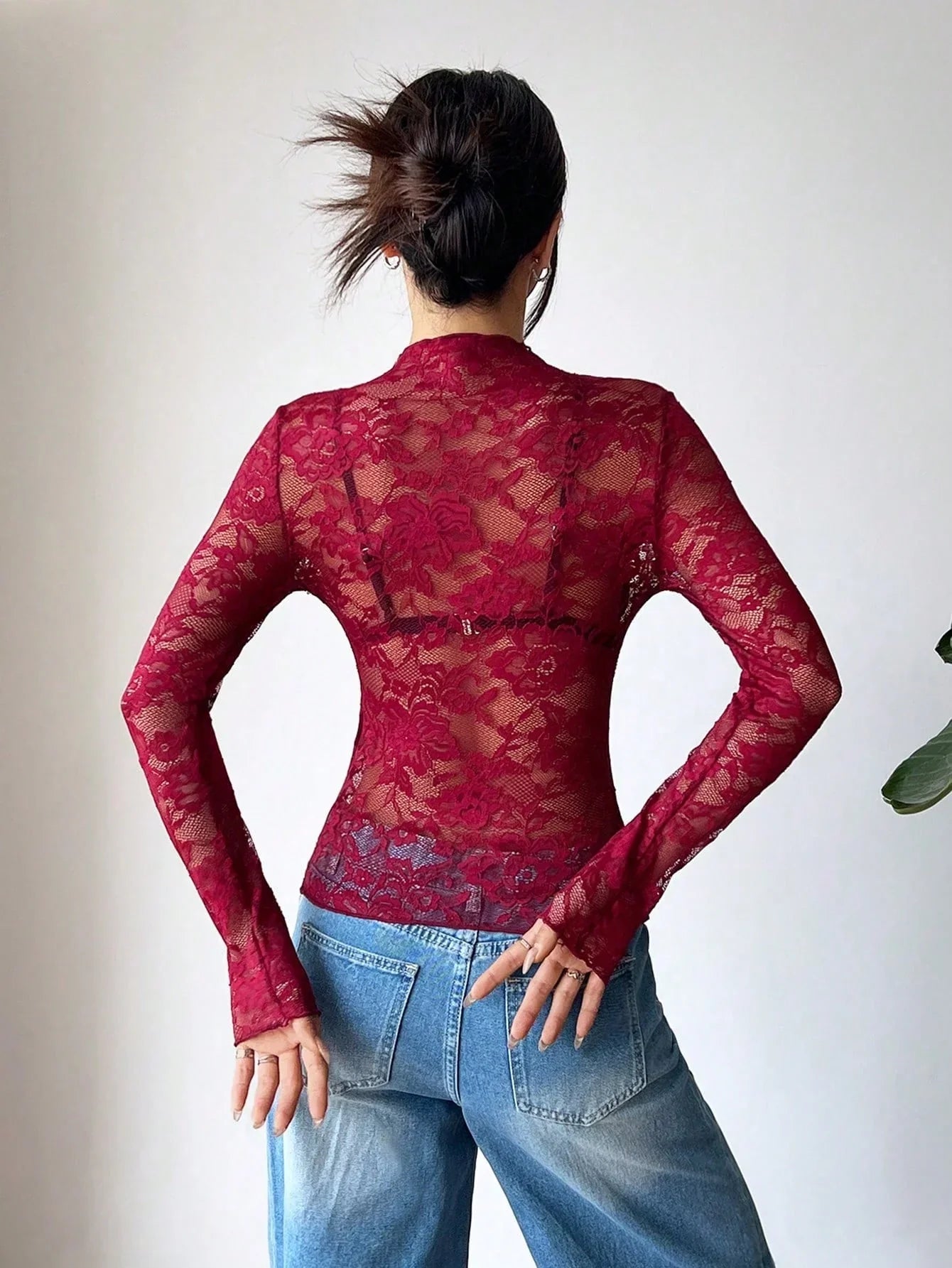 Women Blouse Cropped Fit Long Sleeve Sheer Lace Design - Evergreen Outfits - Women Blouse