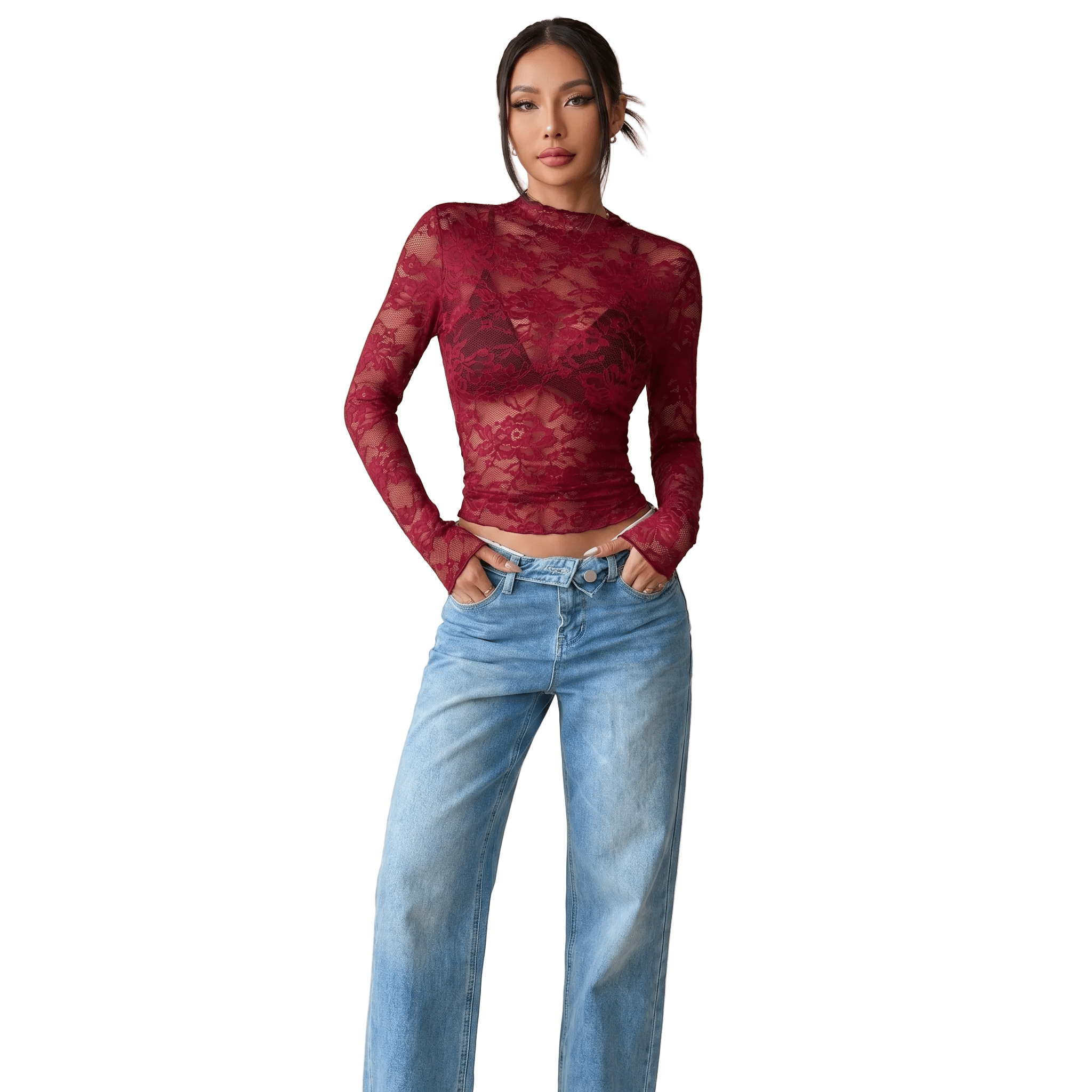 Women Blouse Cropped Fit Long Sleeve Sheer Lace Design - Evergreen Outfits - Women Blouse