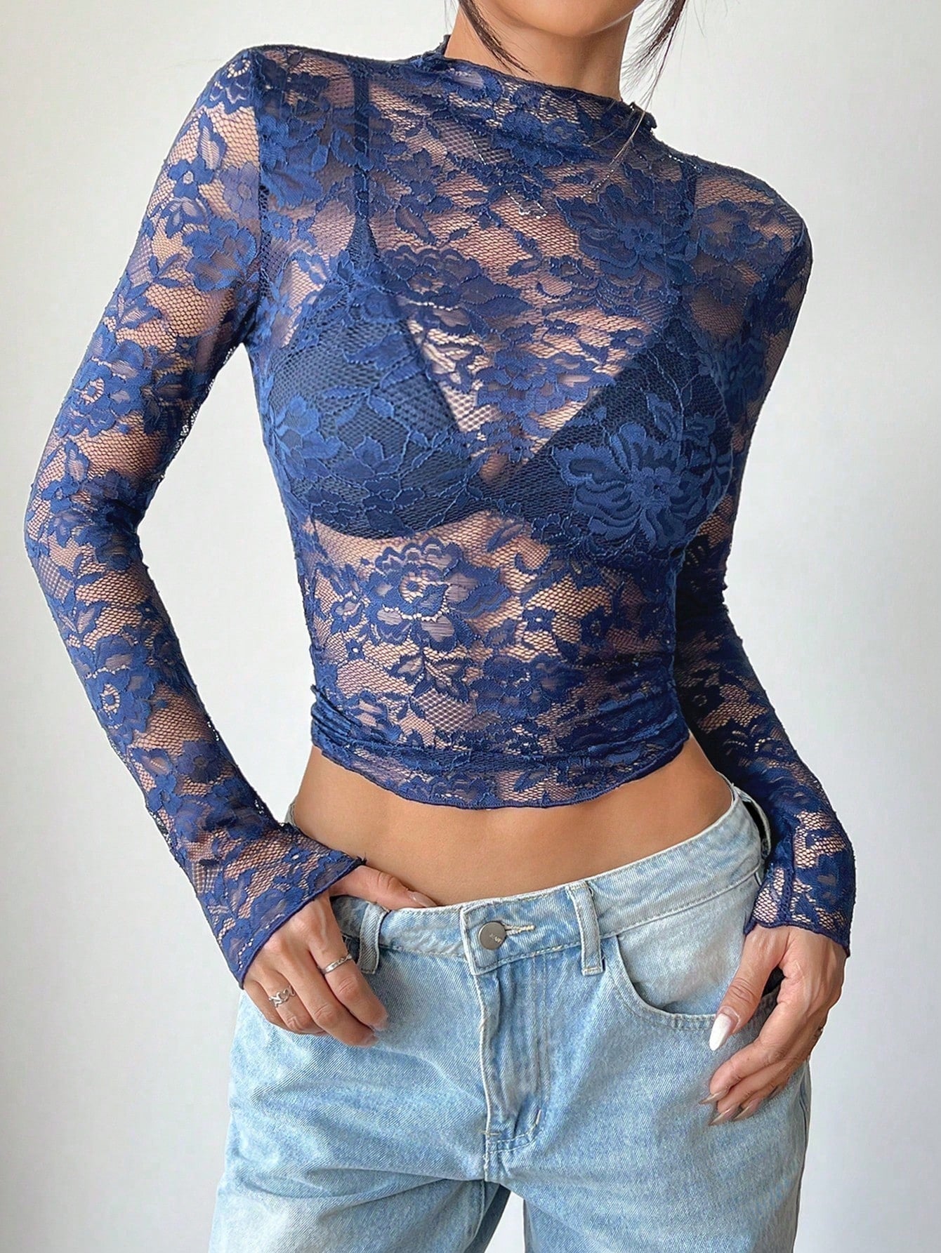 Women Blouse Cropped Fit Long Sleeve Sheer Lace Design - Evergreen Outfits - Women Blouse