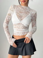 Women Blouse Cropped Fit Long Sleeve Sheer Lace Design - Evergreen Outfits - Women Blouse
