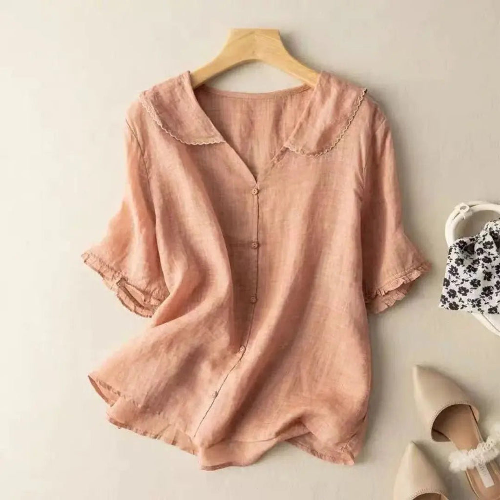Women Blouse Linen Loose Fit V Neck Scalloped Hem Detail - Evergreen Outfits - Women Blouse