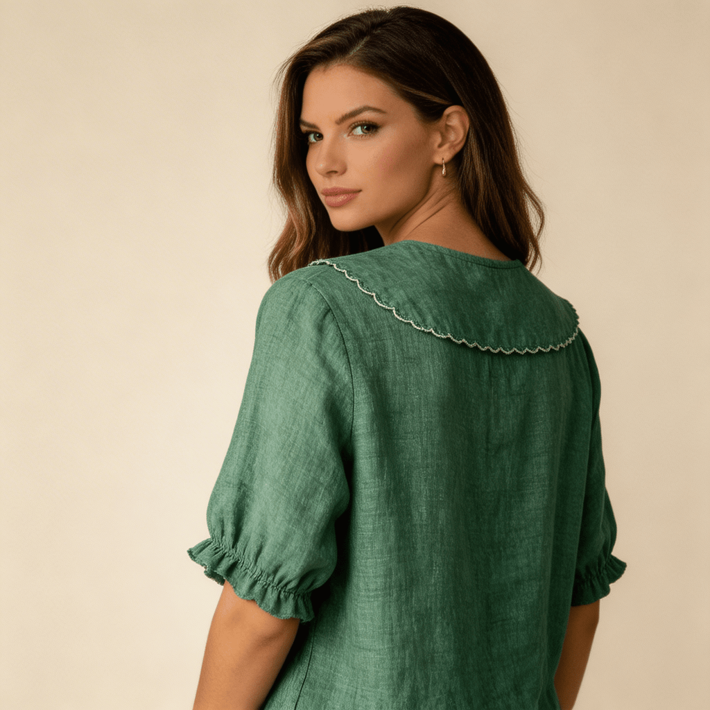 Women Blouse Linen Loose Fit V Neck Scalloped Hem Detail - Evergreen Outfits - Women Blouse