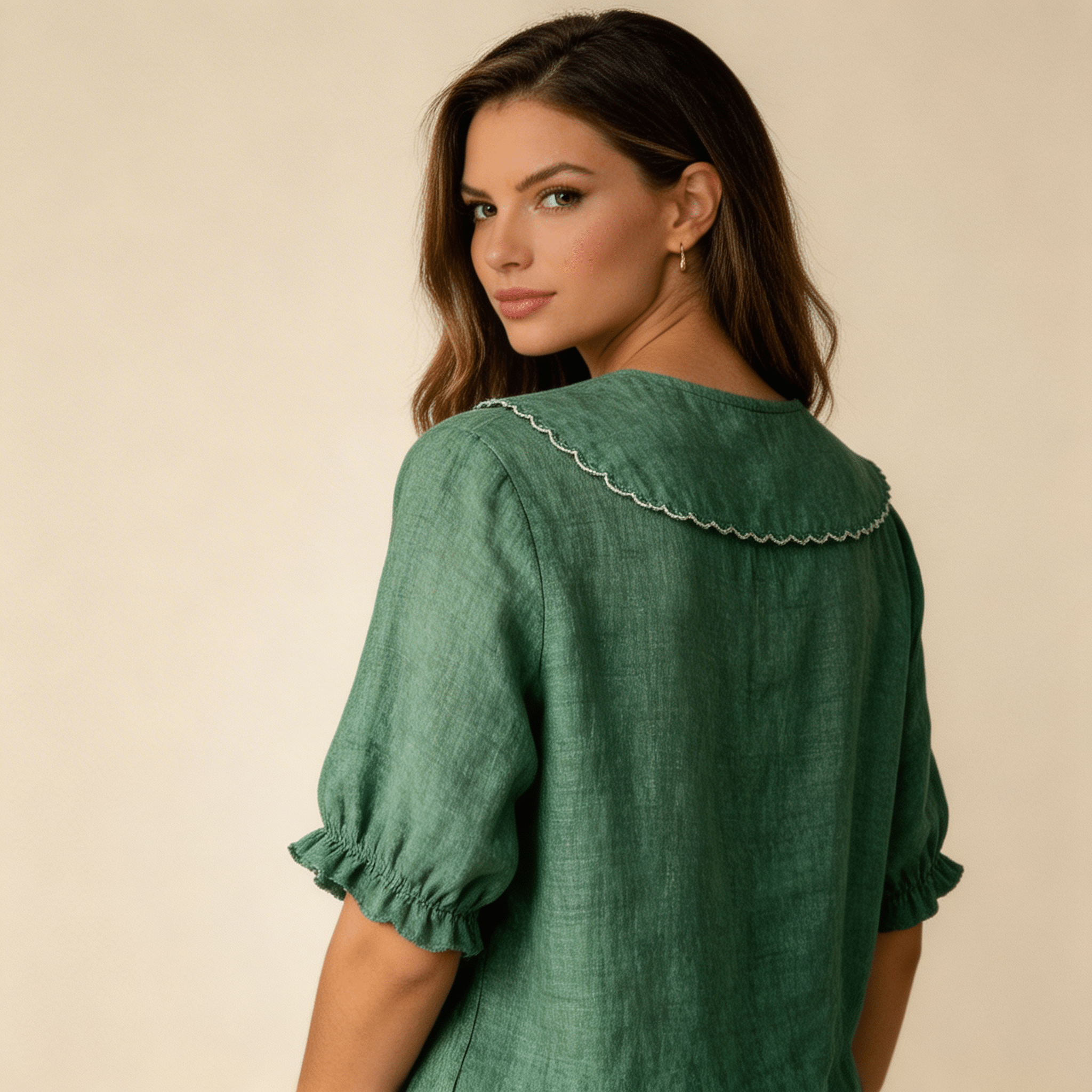Women Blouse Linen Loose Fit V Neck Scalloped Hem Detail - Evergreen Outfits - Women Blouse