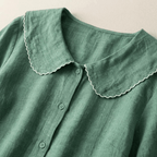 Women Blouse Linen Loose Fit V Neck Scalloped Hem Detail - Evergreen Outfits - Women Blouse