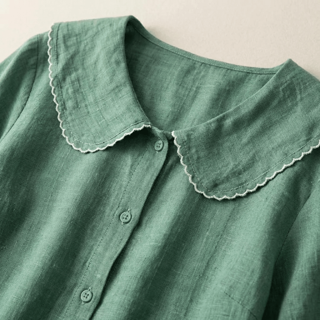 Women Blouse Linen Loose Fit V Neck Scalloped Hem Detail - Evergreen Outfits - Women Blouse