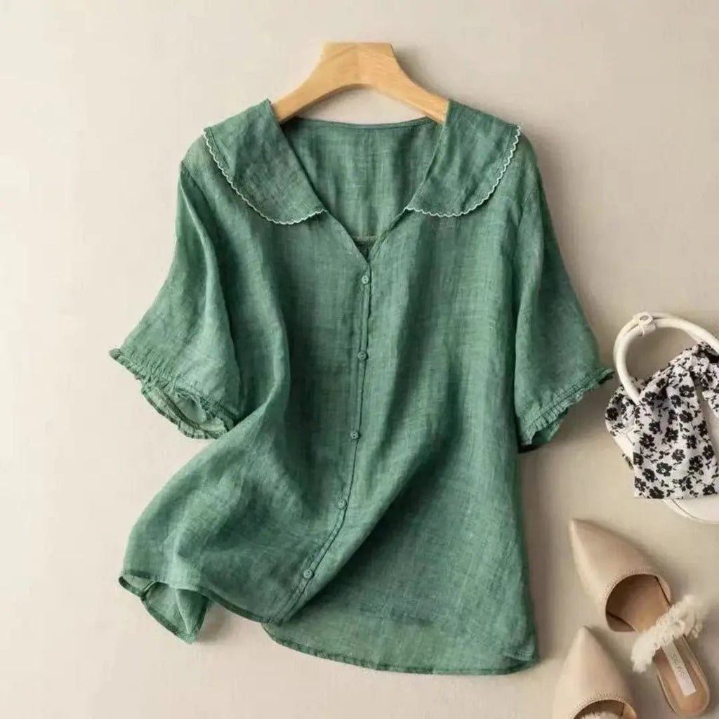 Women Blouse Linen Loose Fit V Neck Scalloped Hem Detail - Evergreen Outfits - Women Blouse