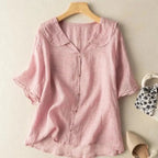Women Blouse Linen Loose Fit V Neck Scalloped Hem Detail - Evergreen Outfits - Women Blouse