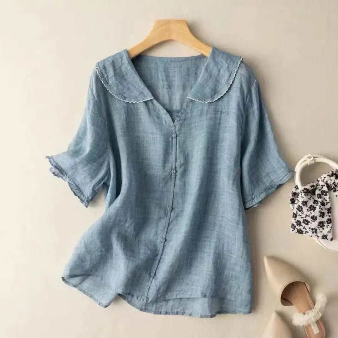 Women Blouse Linen Loose Fit V Neck Scalloped Hem Detail - Evergreen Outfits - Women Blouse