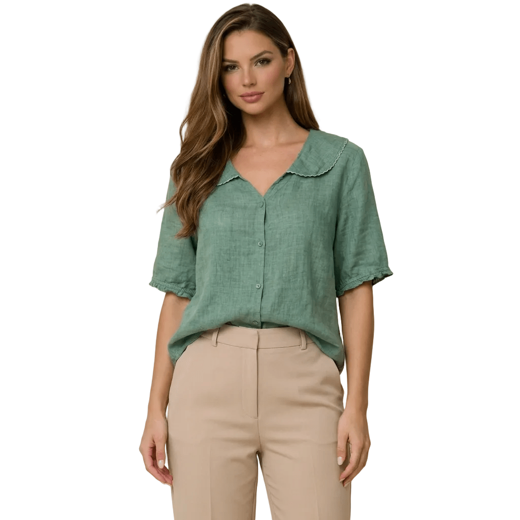 Women Blouse Linen Loose Fit V Neck Scalloped Hem Detail - Evergreen Outfits - Women Blouse