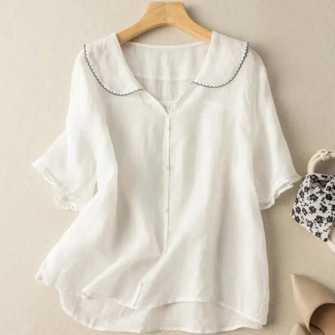Women Blouse Linen Loose Fit V Neck Scalloped Hem Detail - Evergreen Outfits - Women Blouse