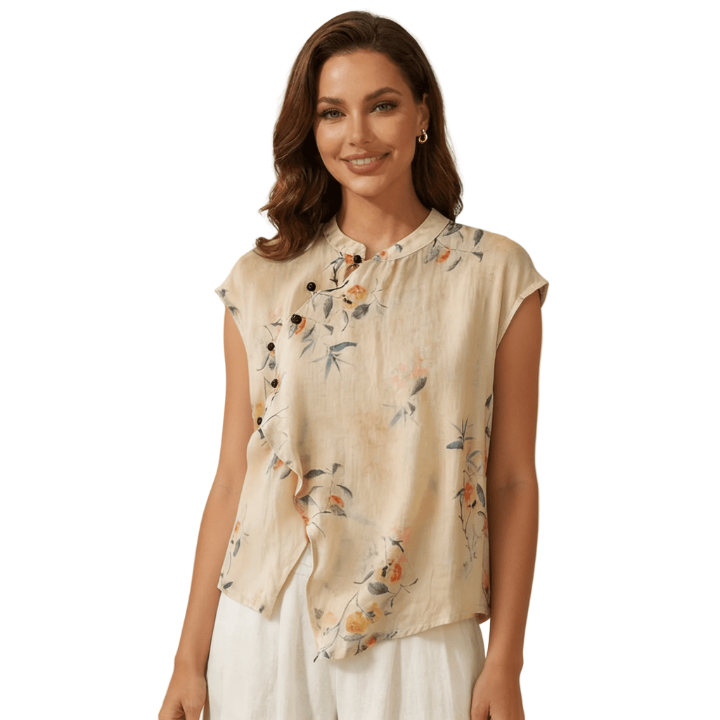 Women Blouse Linen Sleeveless Mandarin Collar Button Placket - Evergreen Outfits - Women Blouse