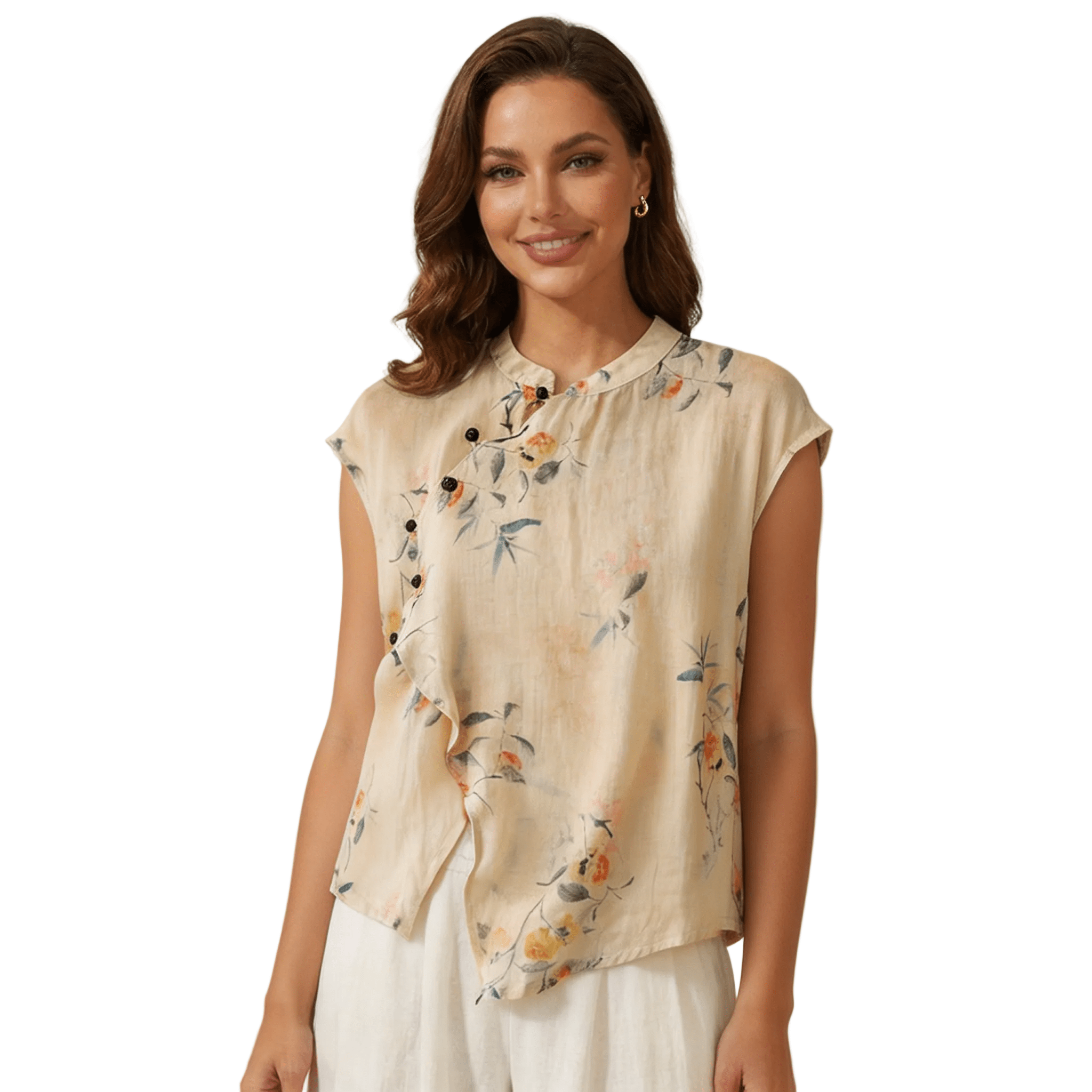Women Blouse Linen Sleeveless Mandarin Collar Button Placket - Evergreen Outfits - Women Blouse
