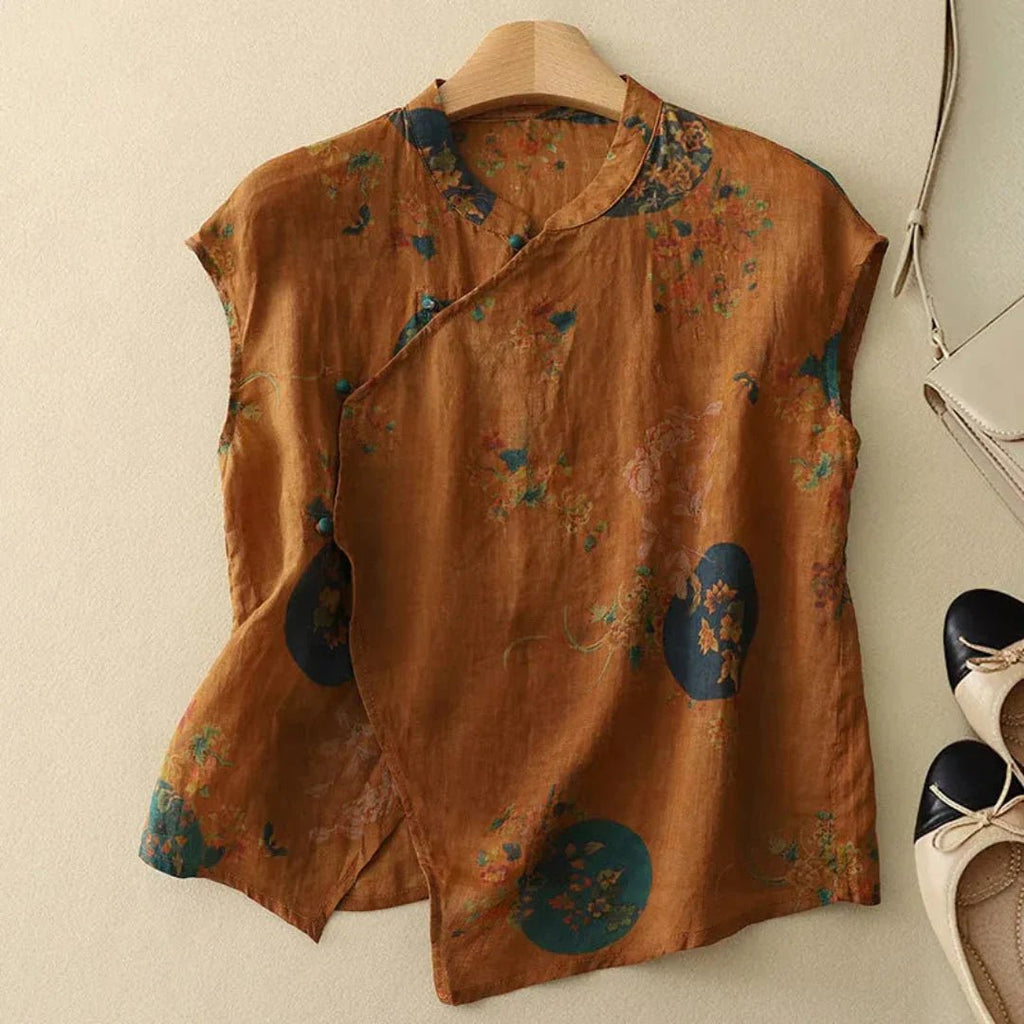 Women Blouse Linen Sleeveless Mandarin Collar Button Placket - Evergreen Outfits - Women Blouse