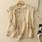Women Blouse Linen Sleeveless Mandarin Collar Button Placket - Evergreen Outfits - Women Blouse