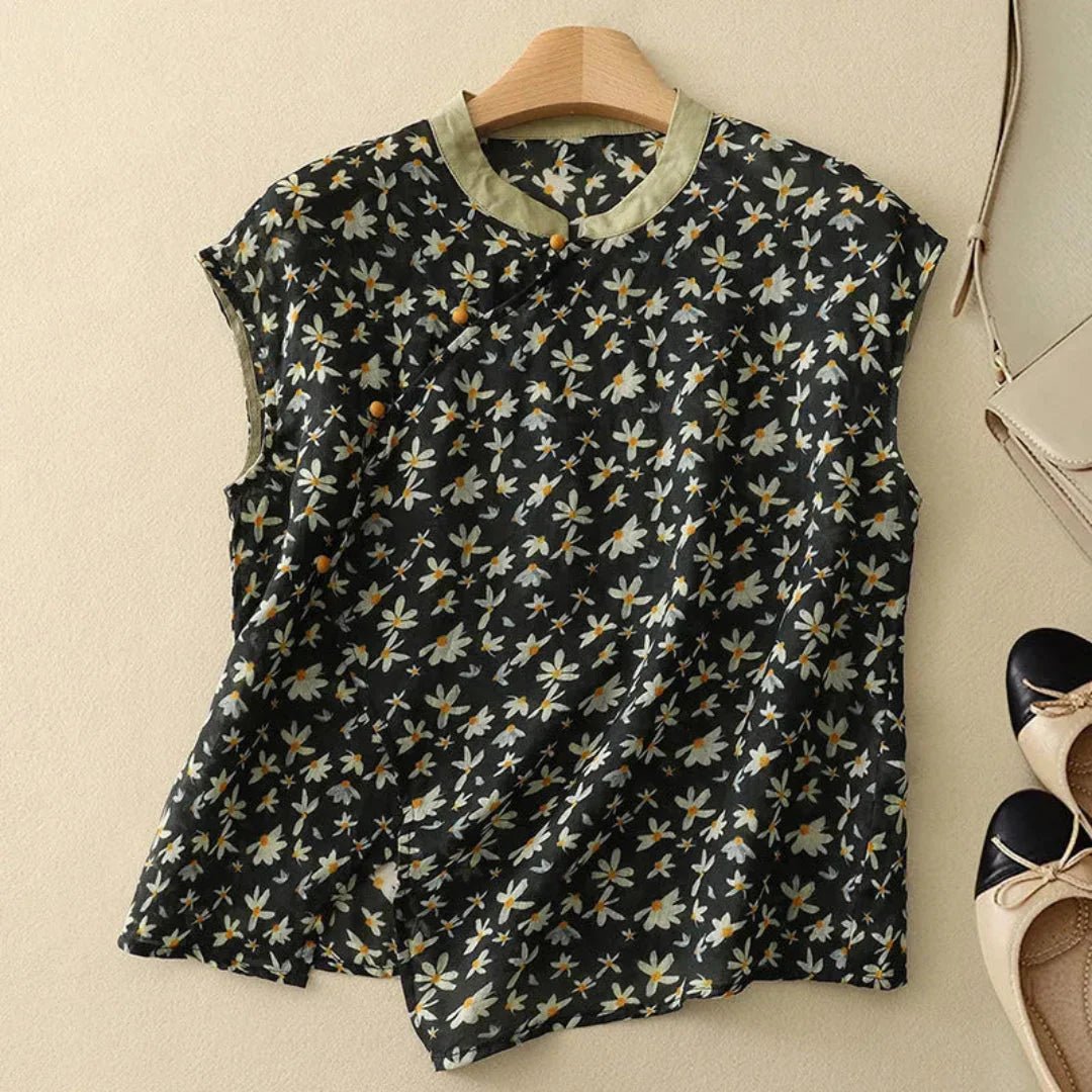 Women Blouse Linen Sleeveless Mandarin Collar Button Placket - Evergreen Outfits - Women Blouse