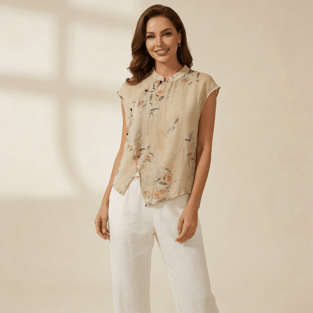 Women Blouse Linen Sleeveless Mandarin Collar Button Placket - Evergreen Outfits - Women Blouse