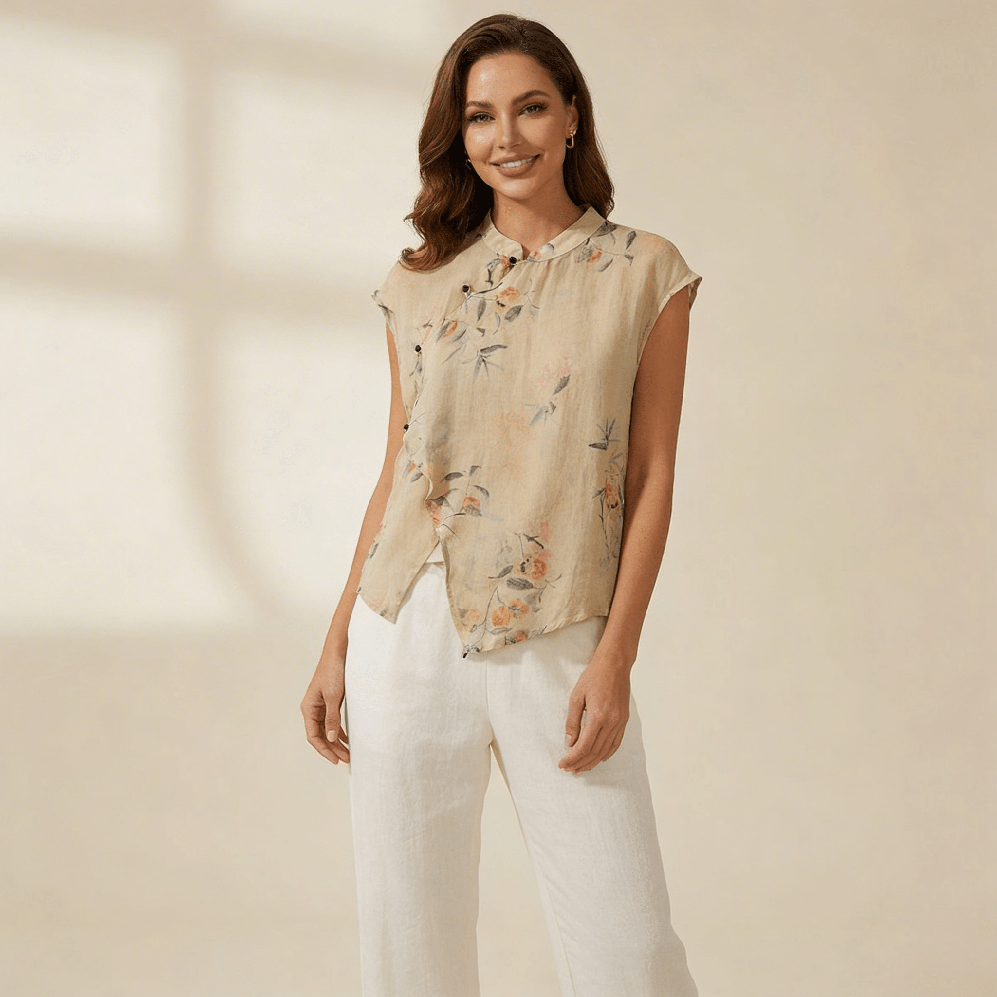 Women Blouse Linen Sleeveless Mandarin Collar Button Placket - Evergreen Outfits - Women Blouse