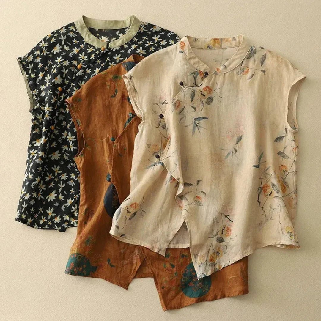 Women Blouse Linen Sleeveless Mandarin Collar Button Placket - Evergreen Outfits - Women Blouse