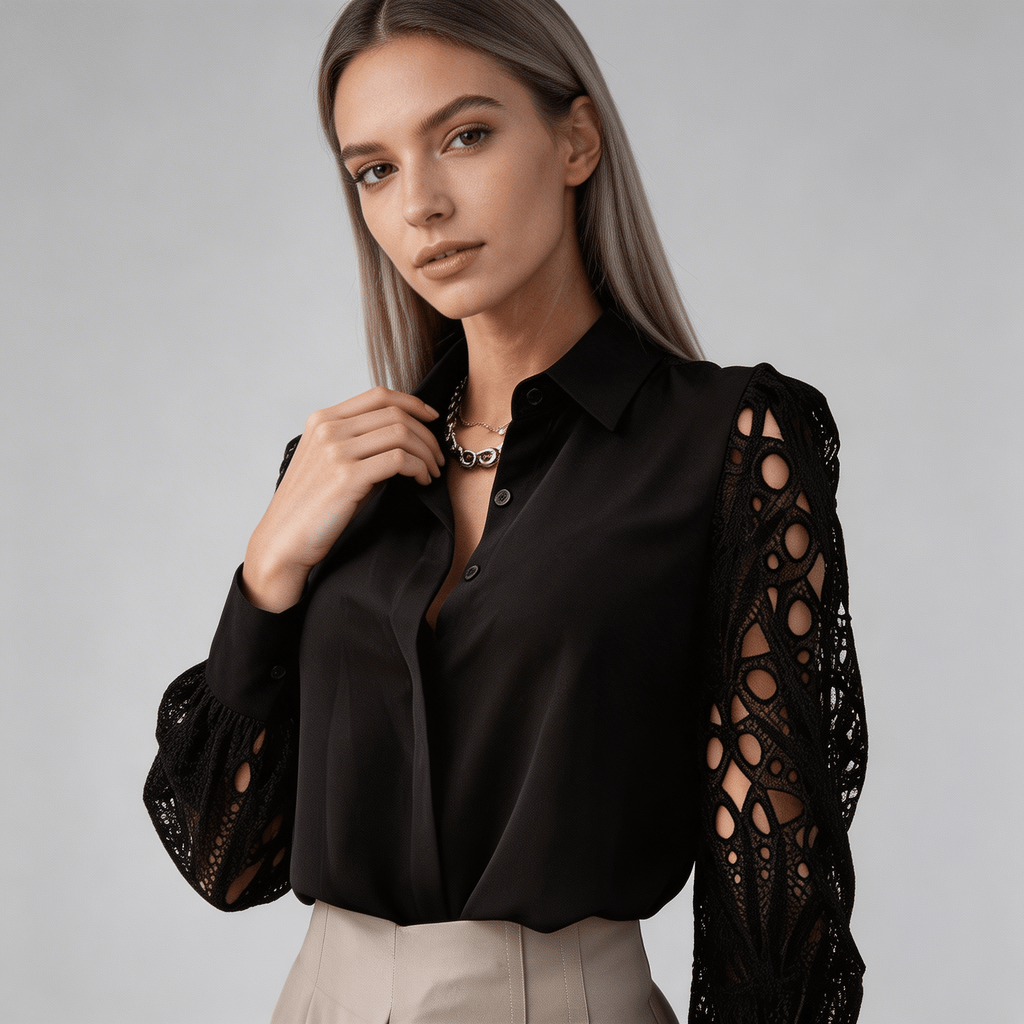 Women Blouse Regular Fit Long Sleeve Button Up Collared - Evergreen Outfits - Women Blouse