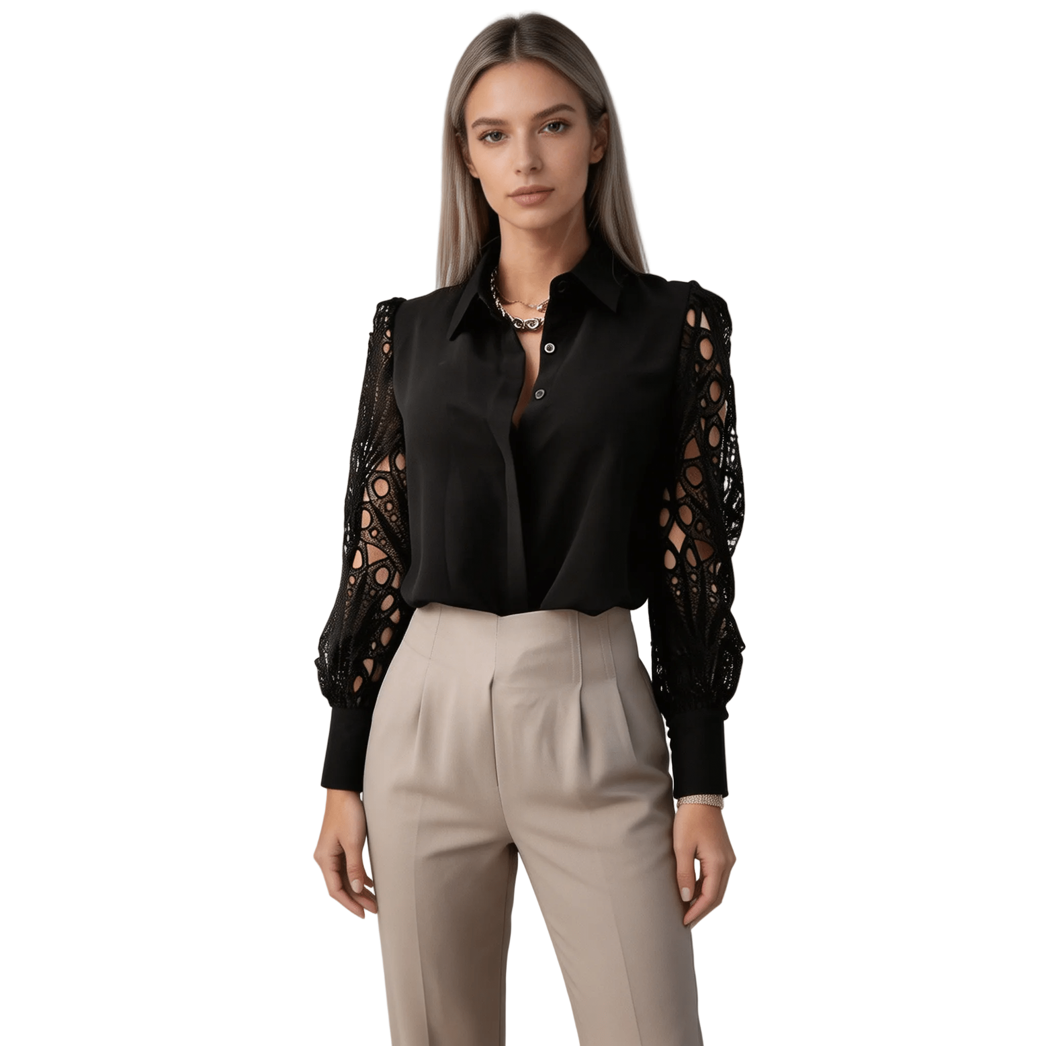 Women Blouse Regular Fit Long Sleeve Button Up Collared - Evergreen Outfits - Women Blouse