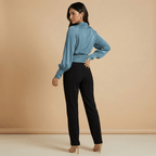 Women Blouse V Neck Puff Sleeves Structured Waist Design - Evergreen Outfits - Women Blouse