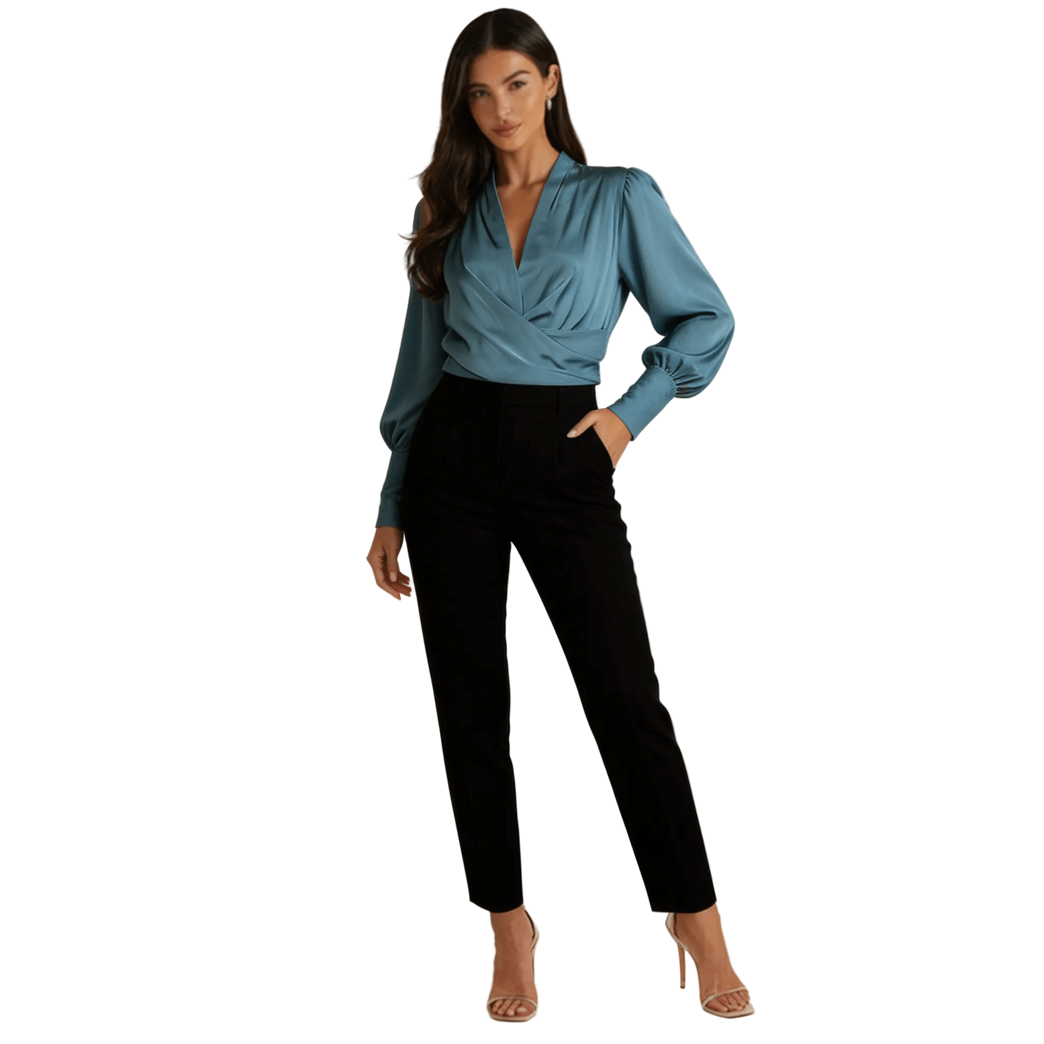 Women Blouse V Neck Puff Sleeves Structured Waist Design - Evergreen Outfits - Women Blouse