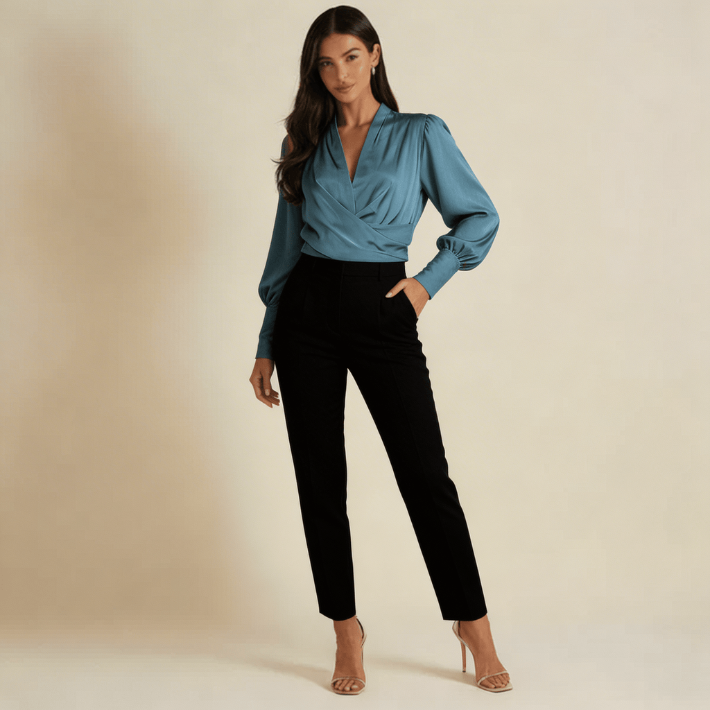 Women Blouse V Neck Puff Sleeves Structured Waist Design - Evergreen Outfits - Women Blouse