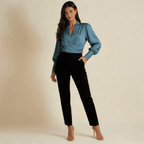 Women Blouse V Neck Puff Sleeves Structured Waist Design - Evergreen Outfits - Women Blouse