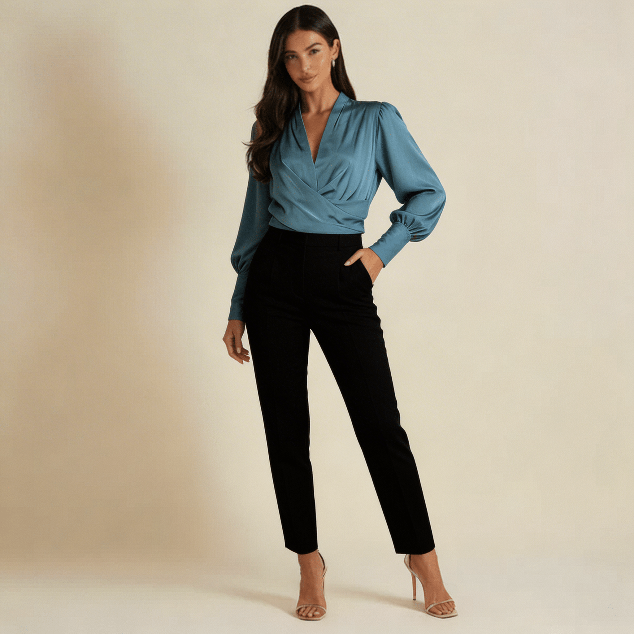 Women Blouse V Neck Puff Sleeves Structured Waist Design - Evergreen Outfits - Women Blouse