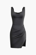Women Bodycon Mini Dress Tie Back Bow Side Slit Detail - Evergreen Outfits- Women Mini Dress