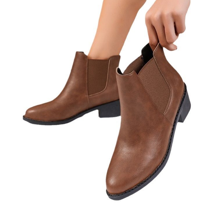 Women Boots Chelsea Design Ankle Length Block Heel Slip On - Evergreen Outfits - Women Boots