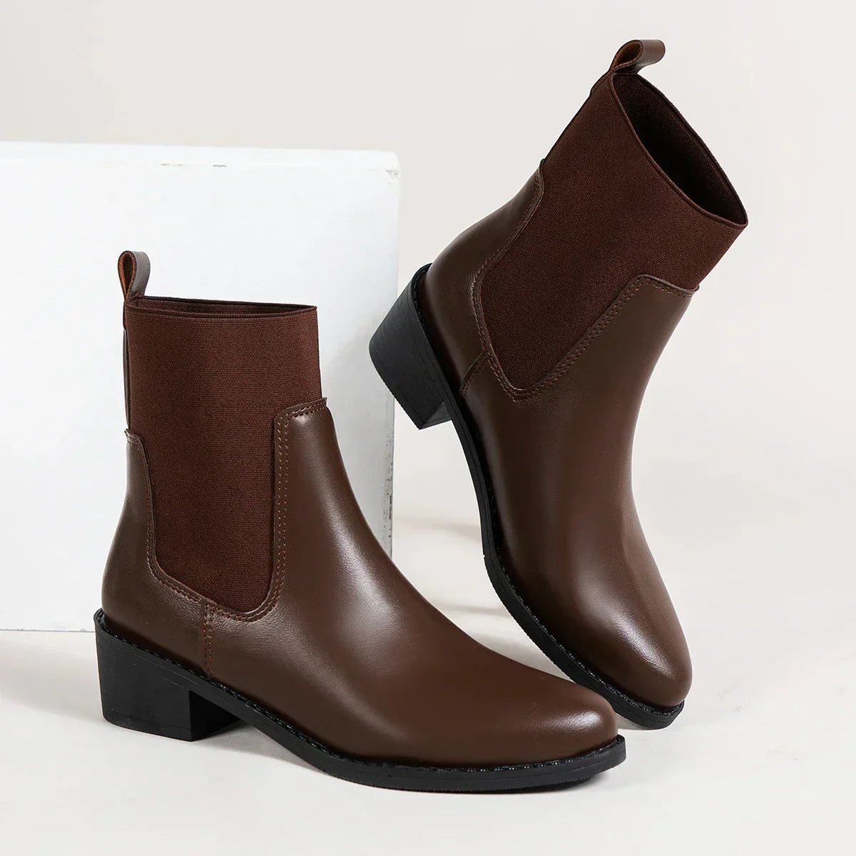 Women Boots Chelsea Design Pointed Toe Block Heel Pull On - Evergreen Outfits - Women Boots