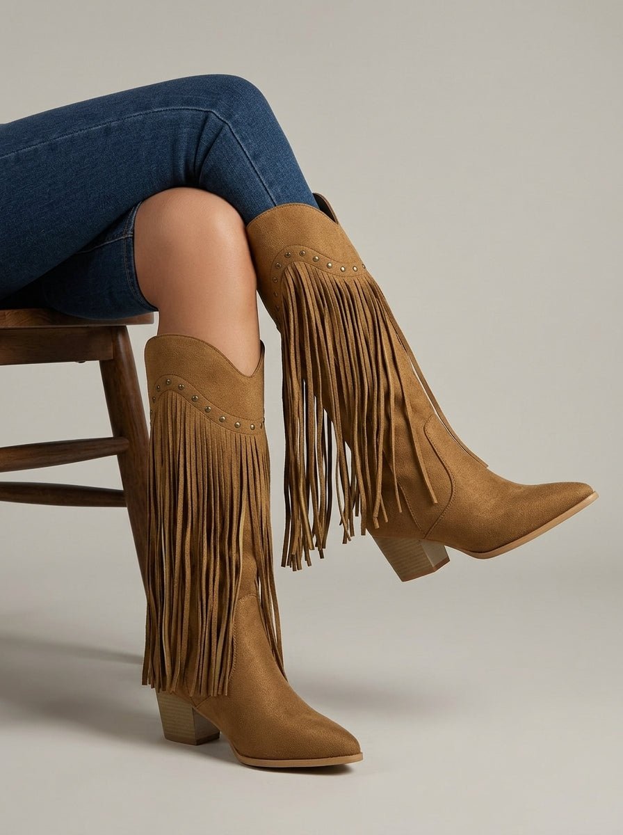 Women Boots | Knee-High Pointed Toe with Fringe and Stud Detail - Evergreen Outfits- Boots
