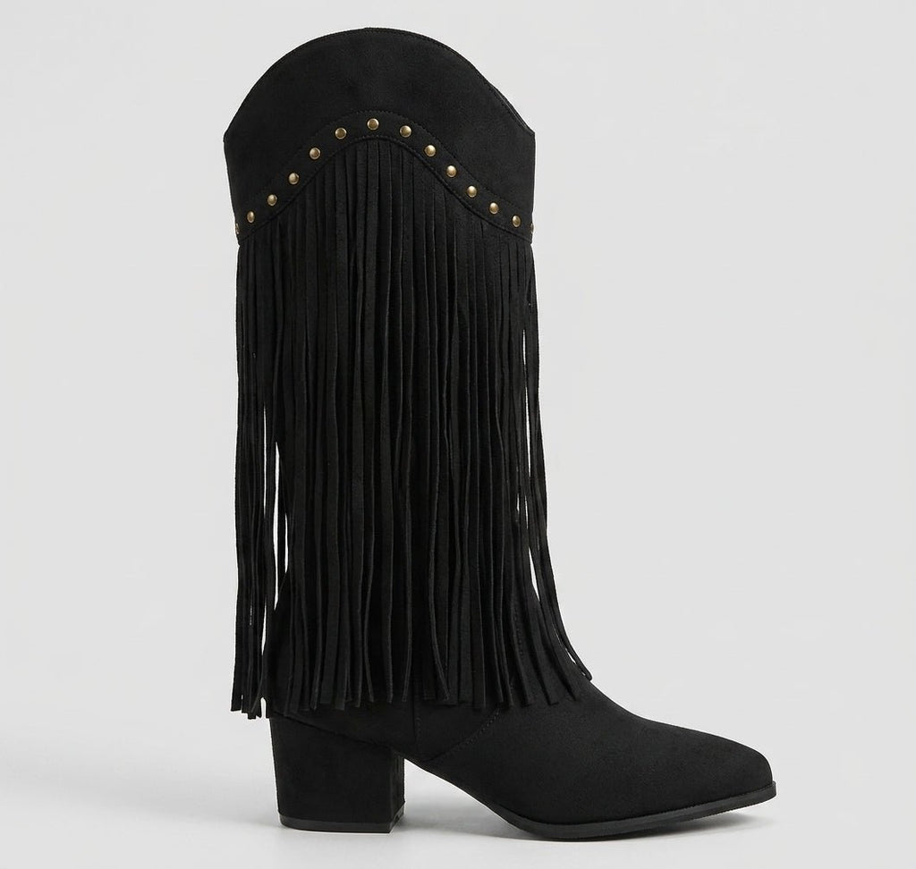 Women Boots | Knee-High Pointed Toe with Fringe and Stud Detail - Evergreen Outfits- Boots