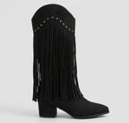 Women Boots | Knee-High Pointed Toe with Fringe and Stud Detail - Evergreen Outfits- Boots