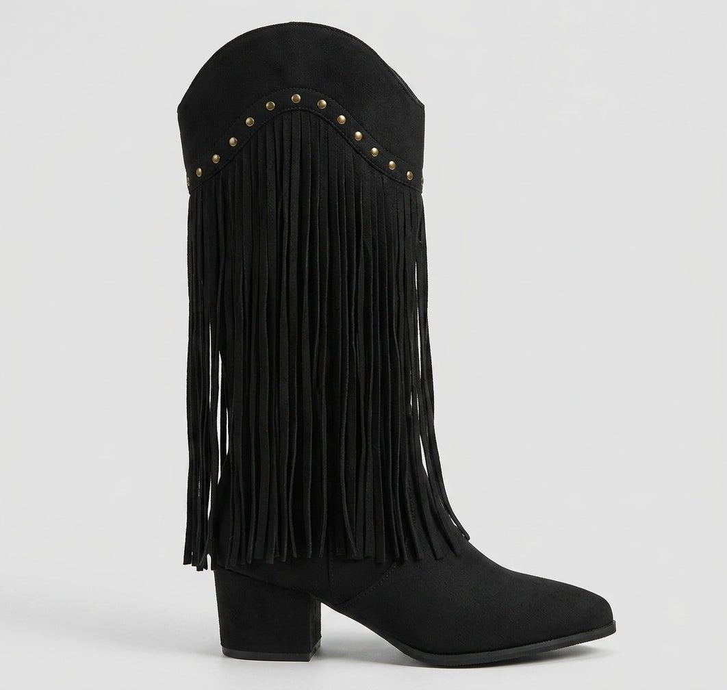 Women Boots | Knee-High Pointed Toe with Fringe and Stud Detail - Evergreen Outfits- Boots