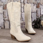 Women Boots | Knee-High Shaft with Embroidered Panels - Evergreen Outfits- Boots