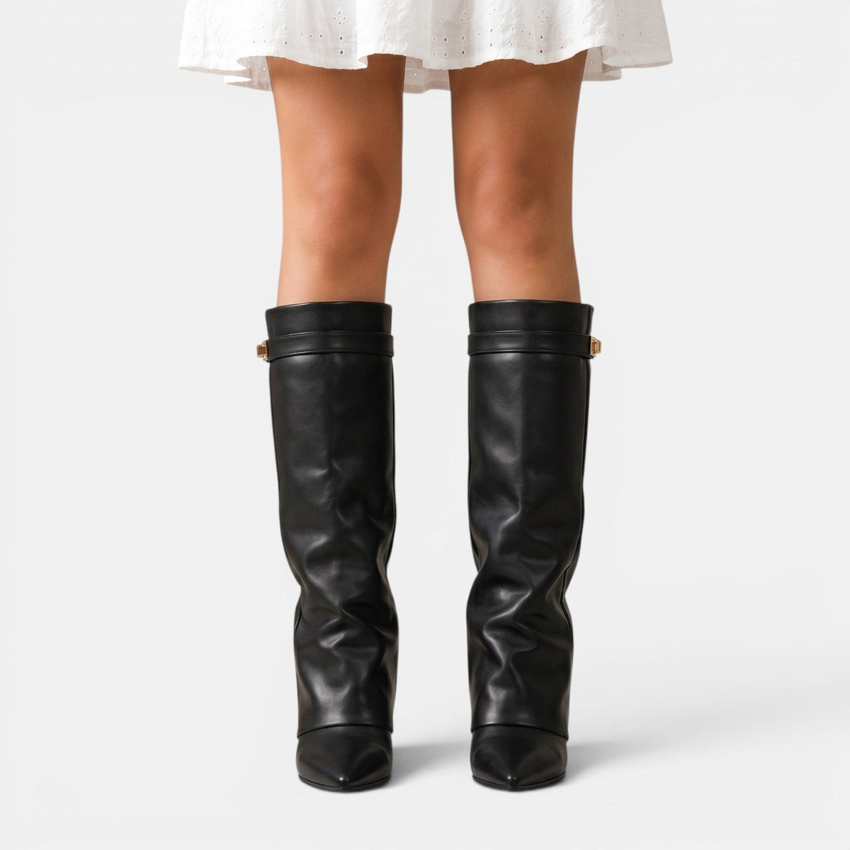 Women Boots | Knee-High Shaft with Pointed Toe and Metal Detail - Evergreen Outfits- Boots