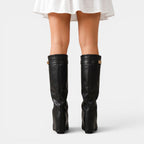 Women Boots | Knee-High Shaft with Pointed Toe and Metal Detail - Evergreen Outfits- Boots
