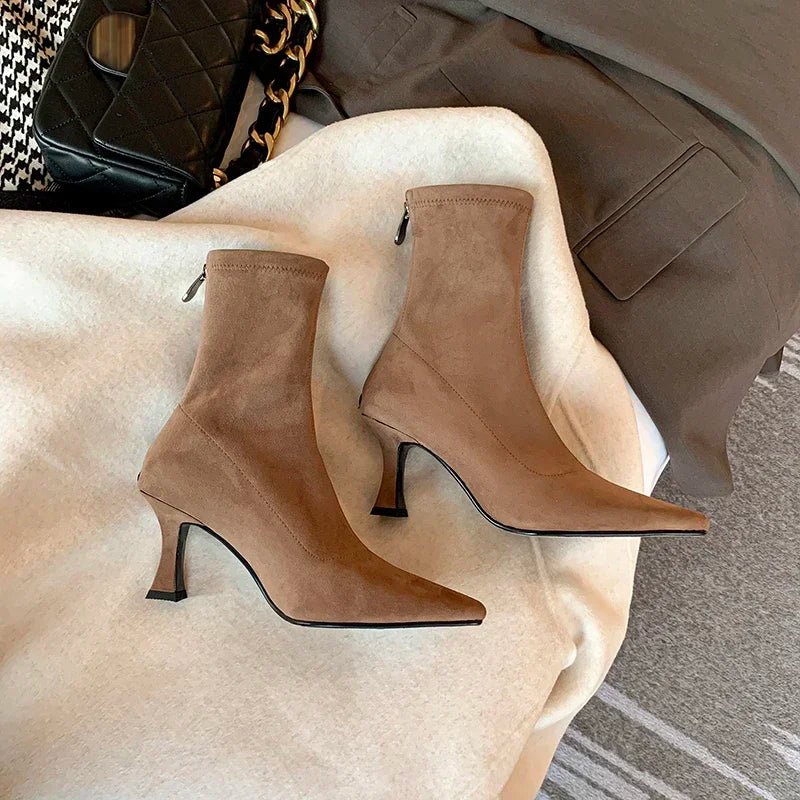 Women Boots Sock Fit Ankle Length Pointed Toe Heel Design - Evergreen Outfits - Women Boots