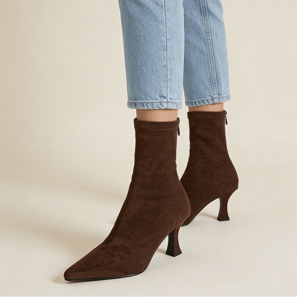 Women Boots Sock Fit Ankle Length Pointed Toe Heel Design - Evergreen Outfits - Women Boots