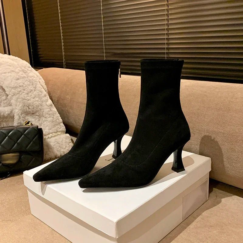 Women Boots Sock Fit Ankle Length Pointed Toe Heel Design - Evergreen Outfits - Women Boots
