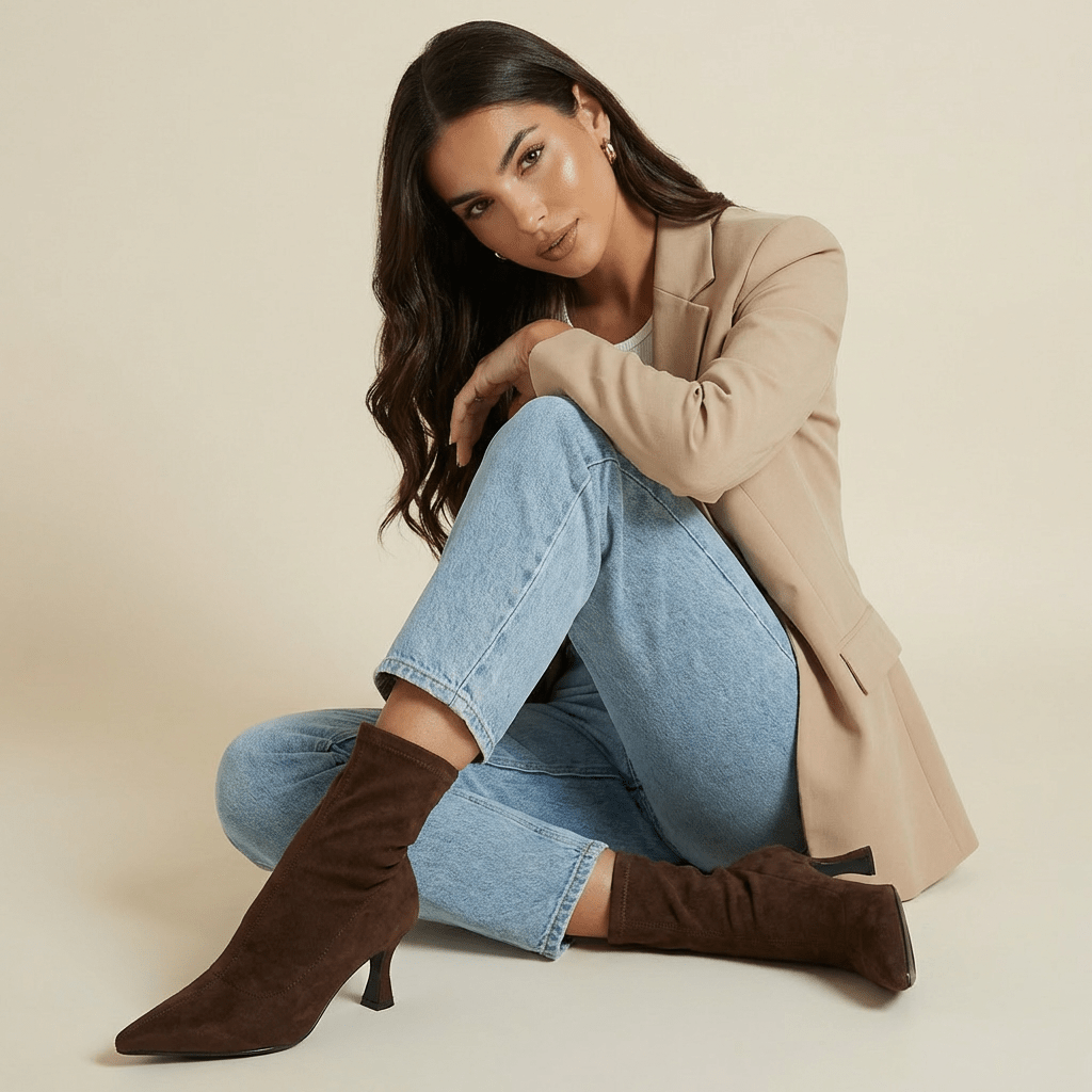 Women Boots Sock Fit Ankle Length Pointed Toe Heel Design - Evergreen Outfits - Women Boots