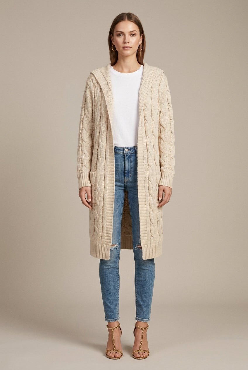 Women Cardigan | Cable Knit Hooded Open Front Long Length - Evergreen Outfits- Cardigans