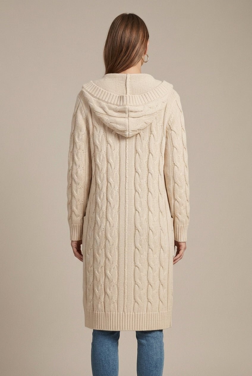 Women Cardigan | Cable Knit Hooded Open Front Long Length - Evergreen Outfits- Cardigans