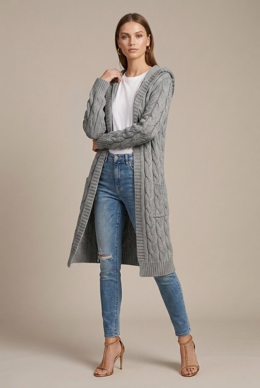 Women Cardigan | Cable Knit Hooded Open Front Long Length - Evergreen Outfits- Cardigans
