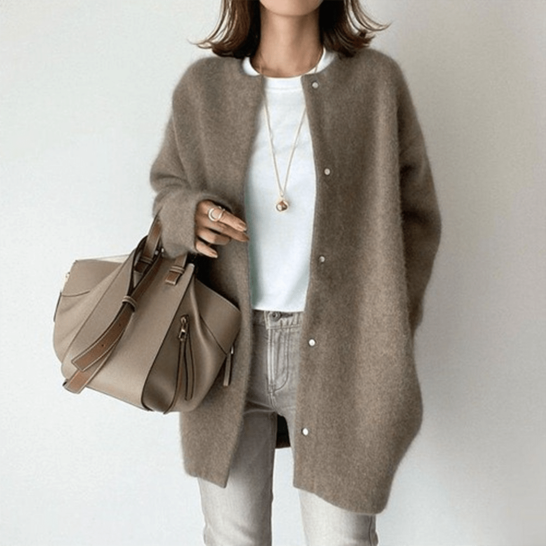 Women Cardigan | Loose Fit Round Neck with Front Pockets - Evergreen Outfits- Cardigans