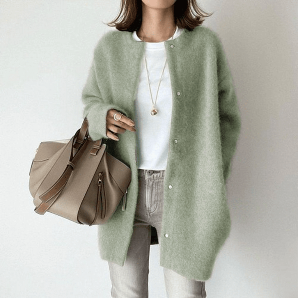 Women Cardigan | Loose Fit Round Neck with Front Pockets - Evergreen Outfits- Cardigans