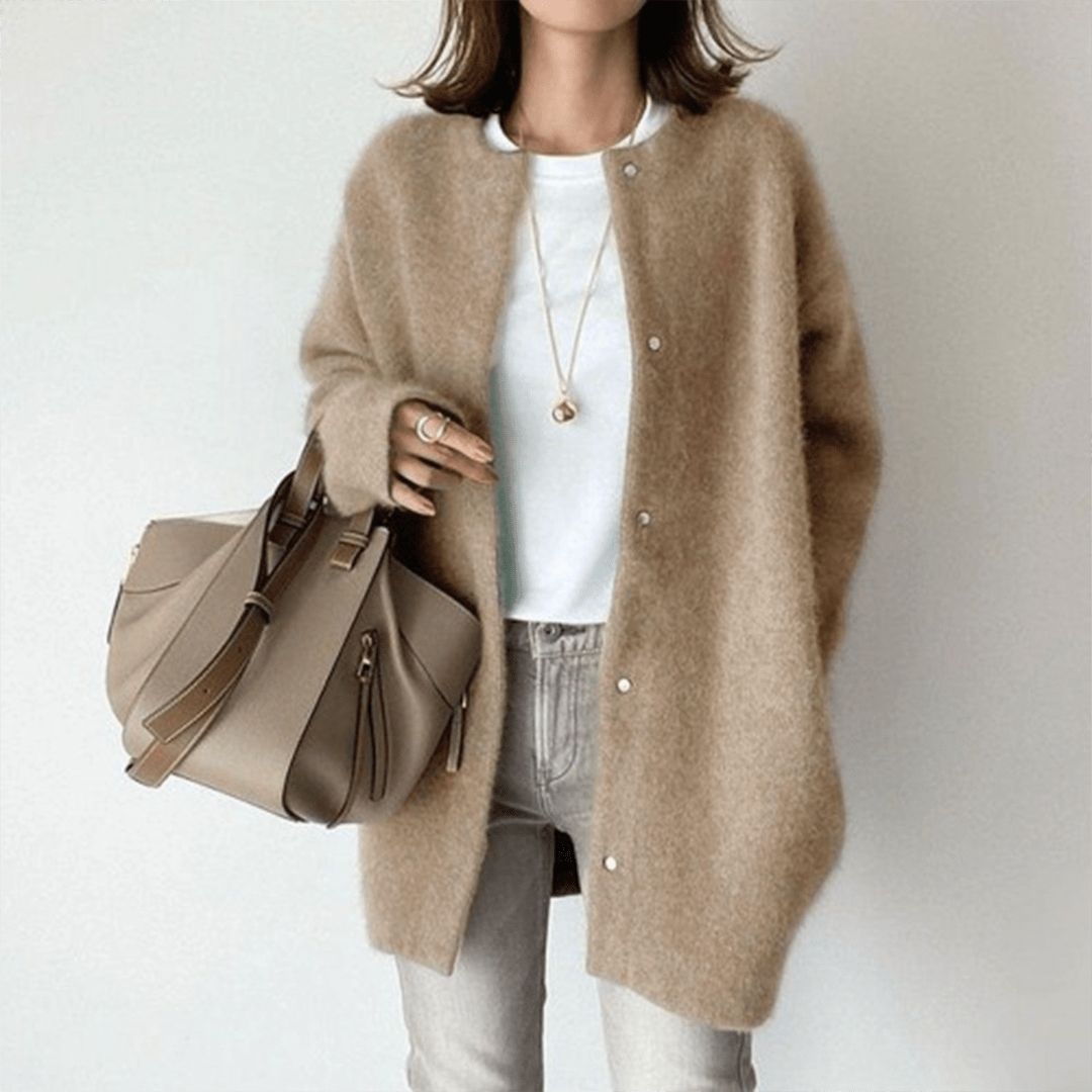 Women Cardigan | Loose Fit Round Neck with Front Pockets - Evergreen Outfits- Cardigans